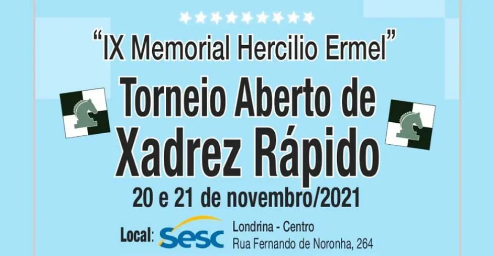 Torneio de xadrez IX Memorial Hercilio Ermel será em 20 e 21 de novembro
