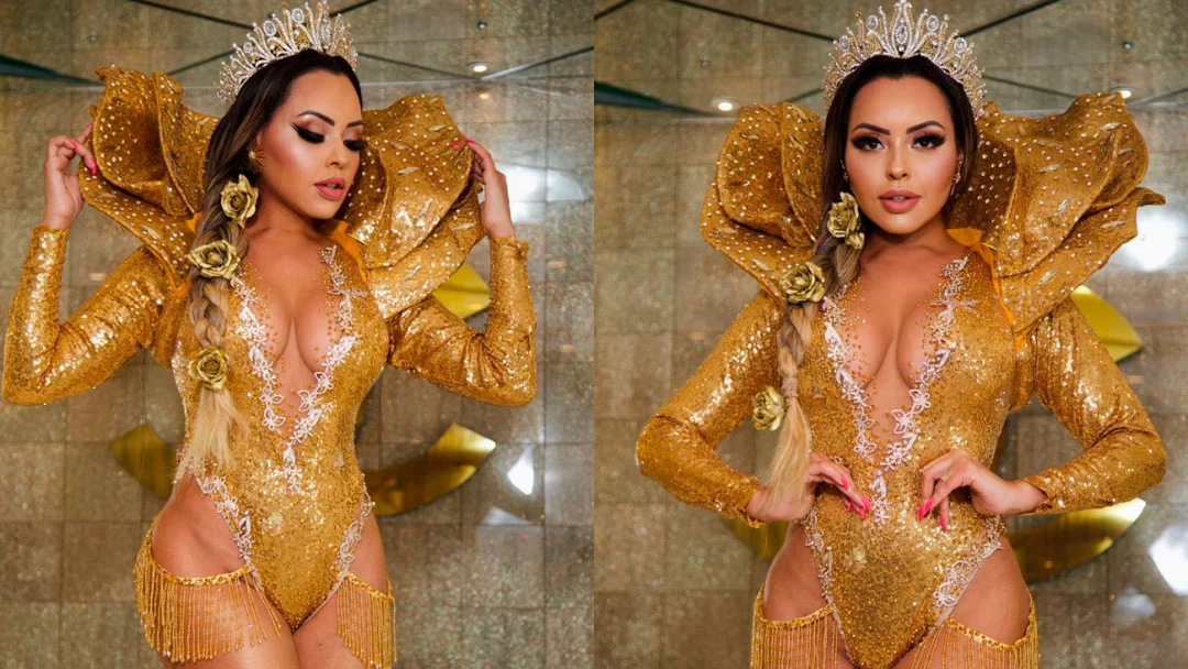 Rainha de bateria, Ana Beatriz Godoi se veste de 'rosa' para ensaio e ostenta coroa com 800 cristais