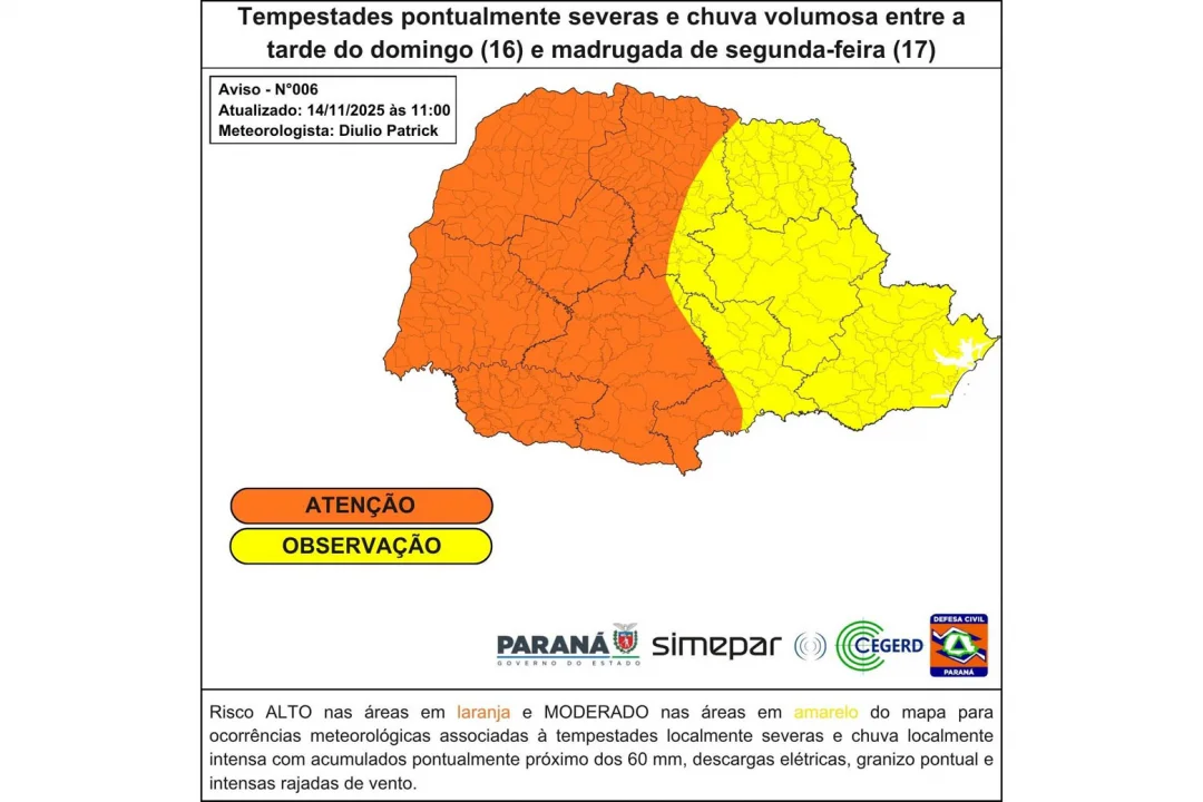 Frente fria que atinge o Paraná no domingo será menos intensa do que na semana passada