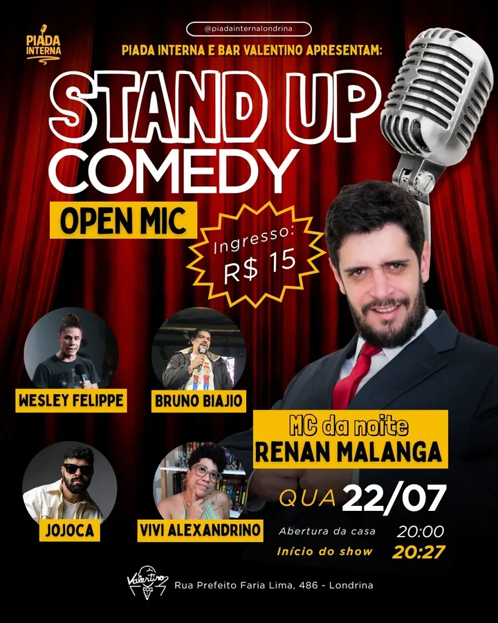 Bar Valentino recebe duas noites de stand-up comedy com artistas locais e Tatá Mendonça em Londrina