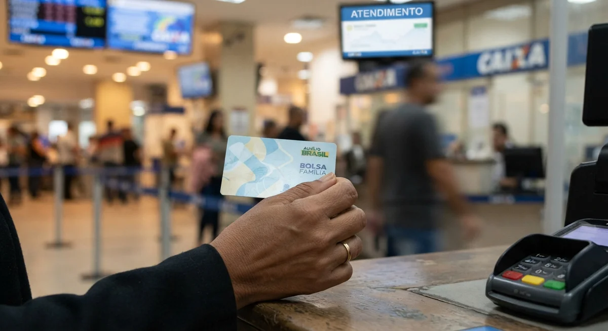 [Imagem gerada por IA] Cartão do Bolsa Família em mãos, com foco na tecnologia de pagamento.