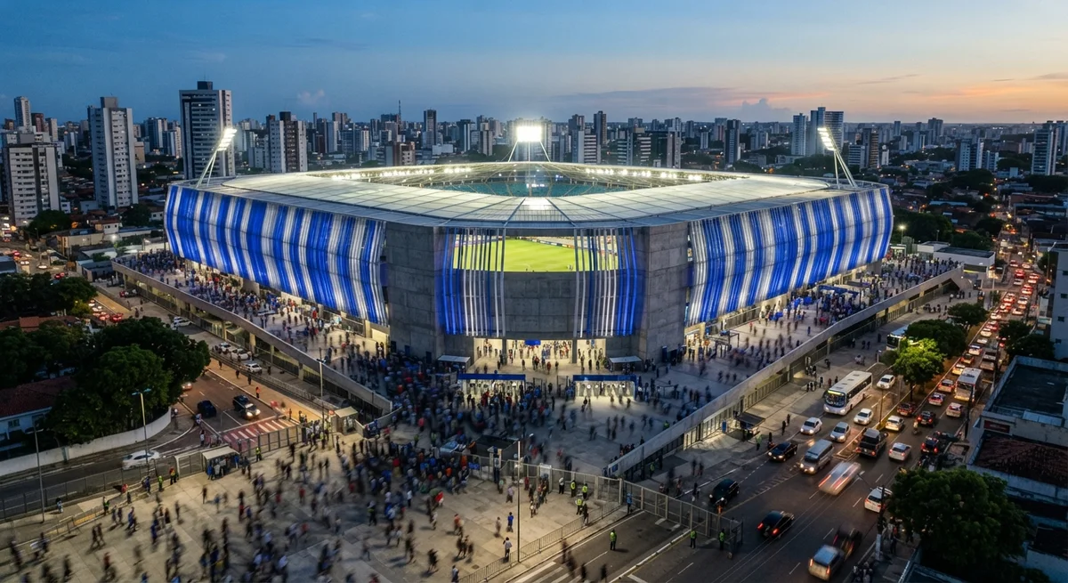 [Imagem gerada por IA] Estádio de futebol moderno com iluminação noturna, representando a realização da Copa do Mundo Feminina no Brasil.