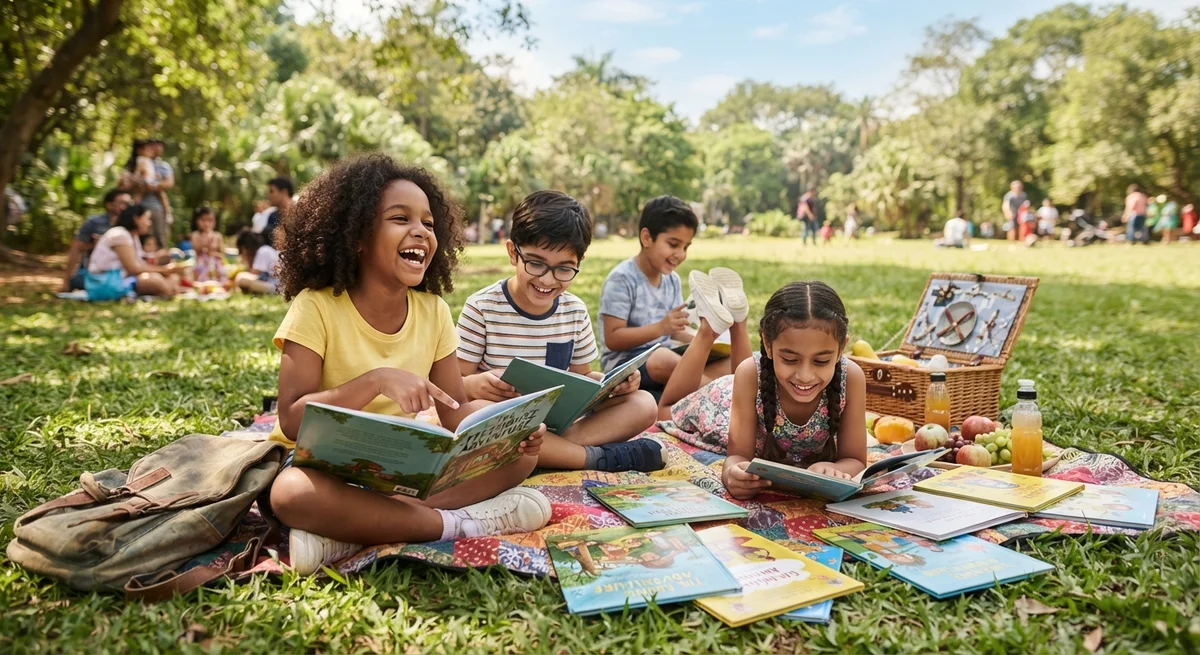[Imagem gerada por IA] Crianças sentadas em uma roda lendo livros ao ar livre em uma praça, com um piquenique organizado ao lado.
